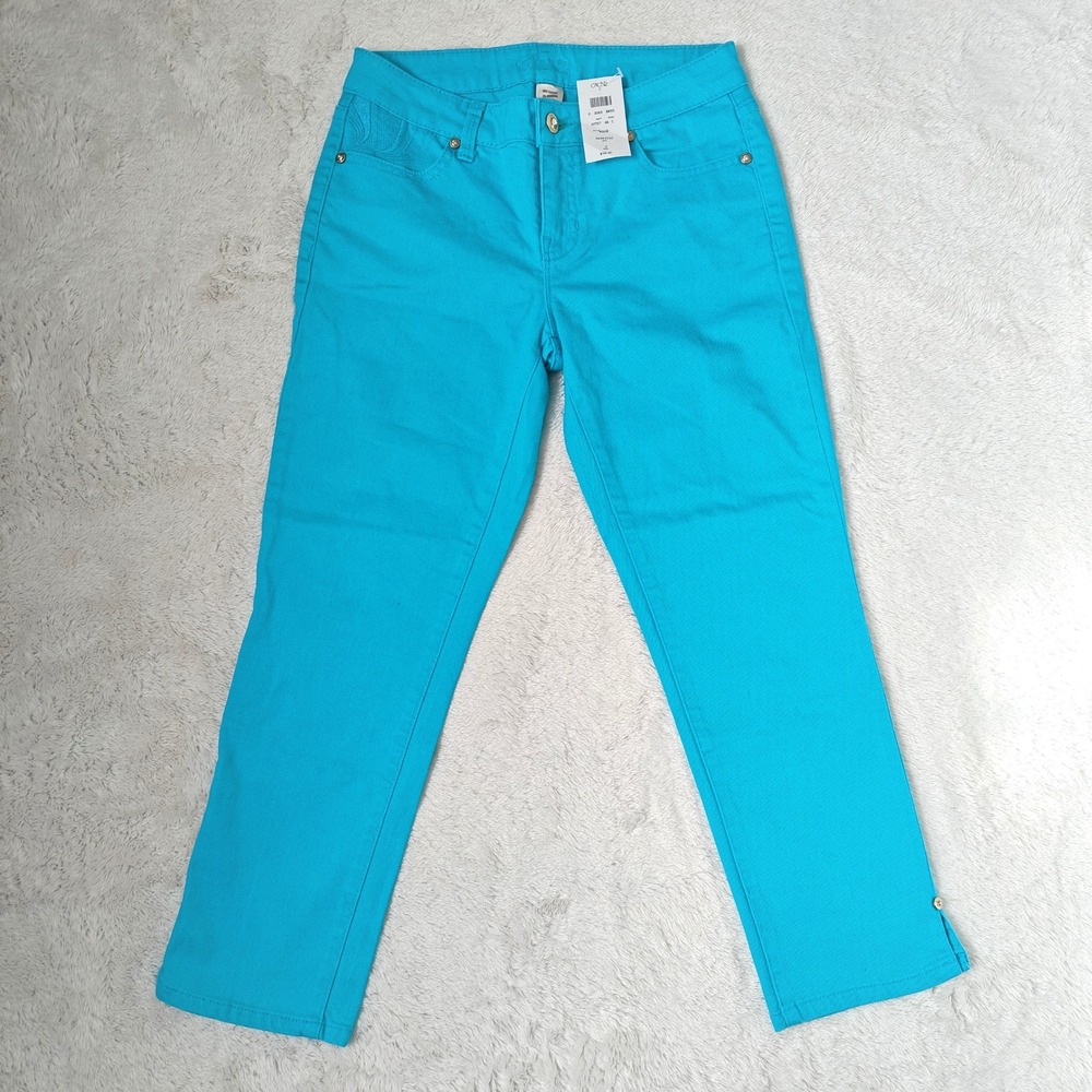 Cache Turquoise Blue Embroidered Capri Jeans Women Size 2 NWT Cropped Pants Y2K